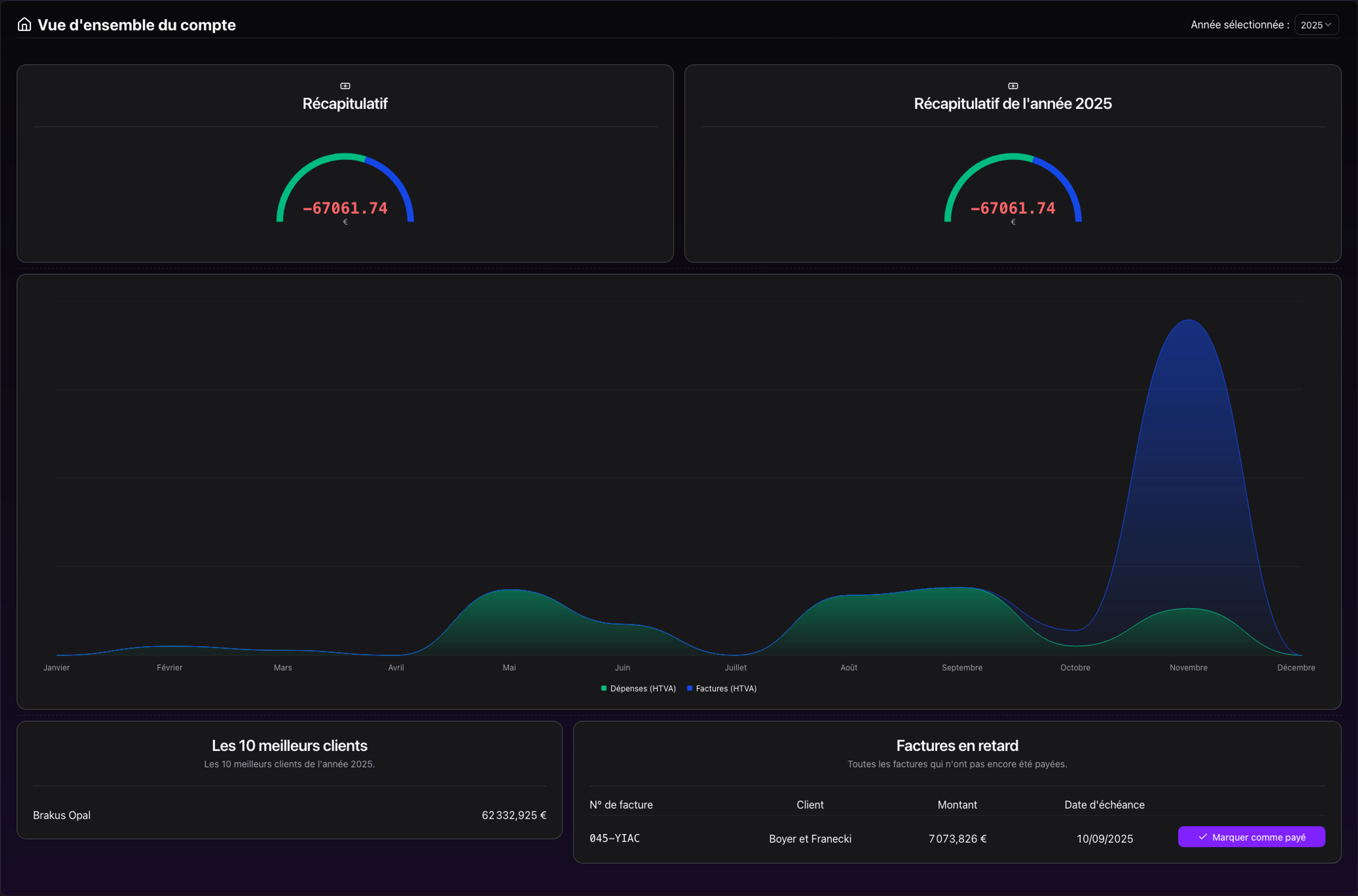 Logiciel de facturation en Belgique — mode sombre — capture d’écran